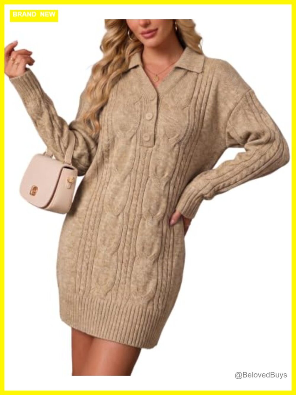 Cable Knit Sweater Dress Oversized Collared Button Mini